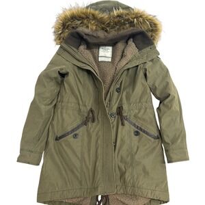 Abercrombie & Fitch Womens Sherpa Lined Parka Jacket Olive Green Faux Fur Hood L